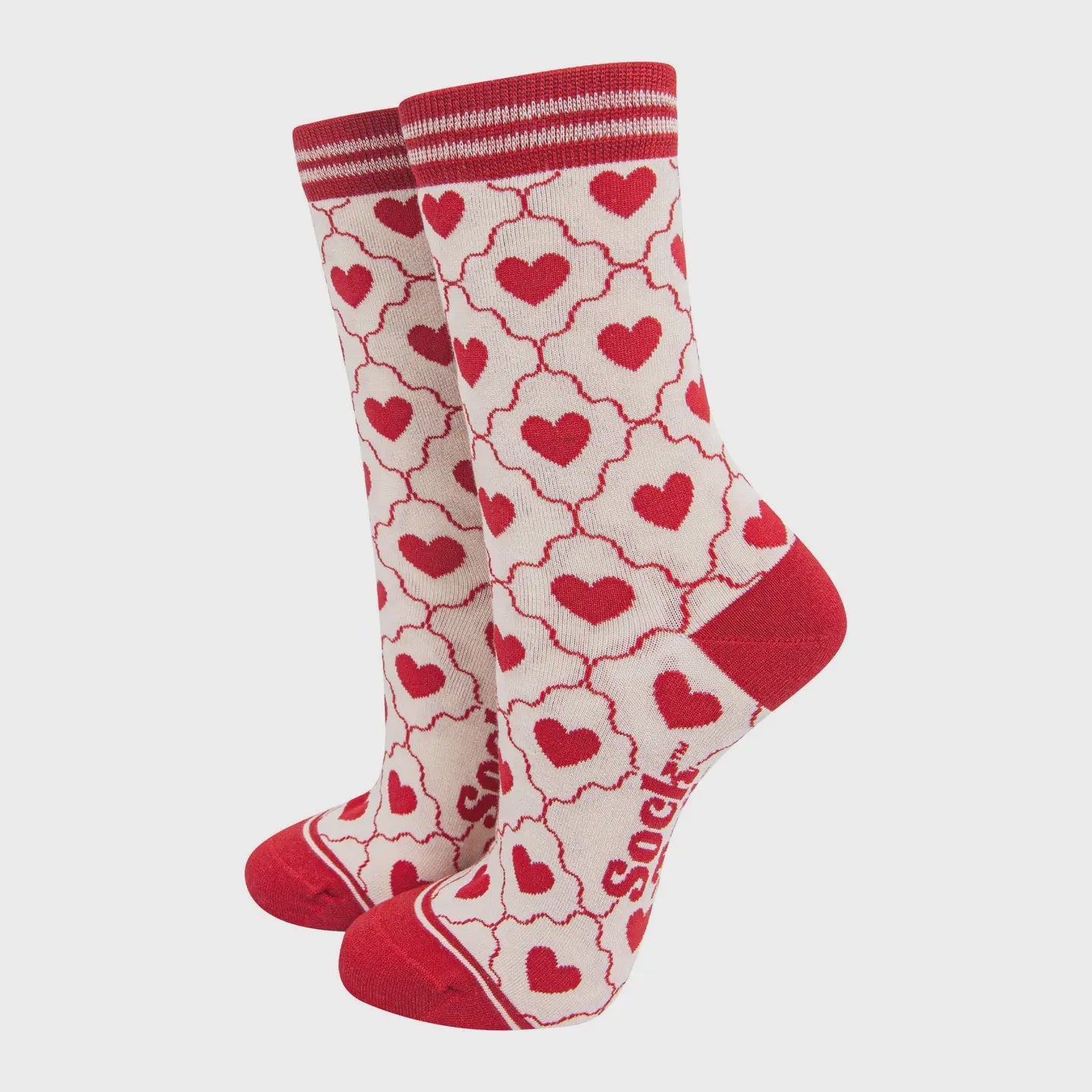 Cream and Red Heart Ribbon Socks