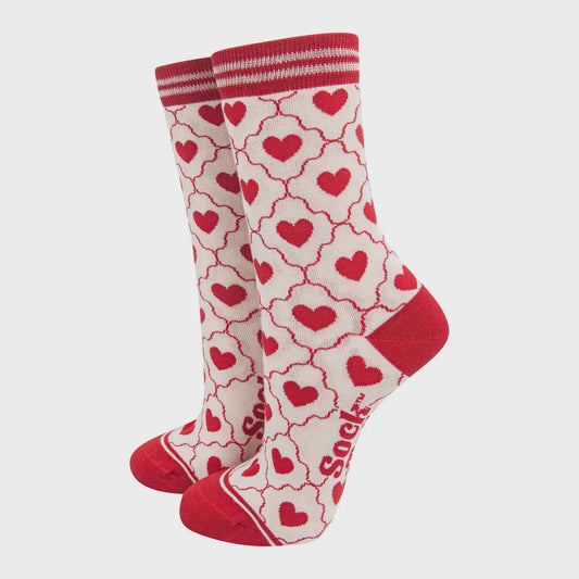 Cream and Red Heart Ribbon Socks