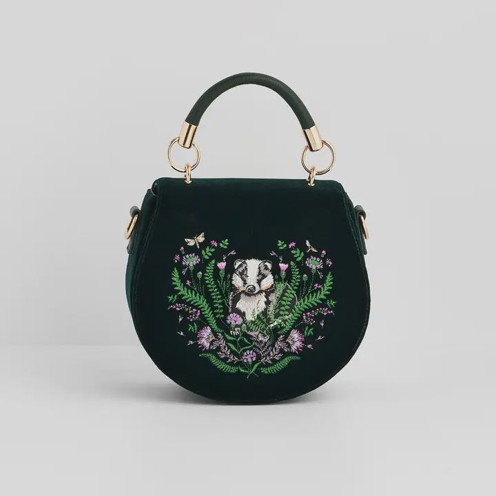 Badger Embroidered Green Velvet Saddle Bag