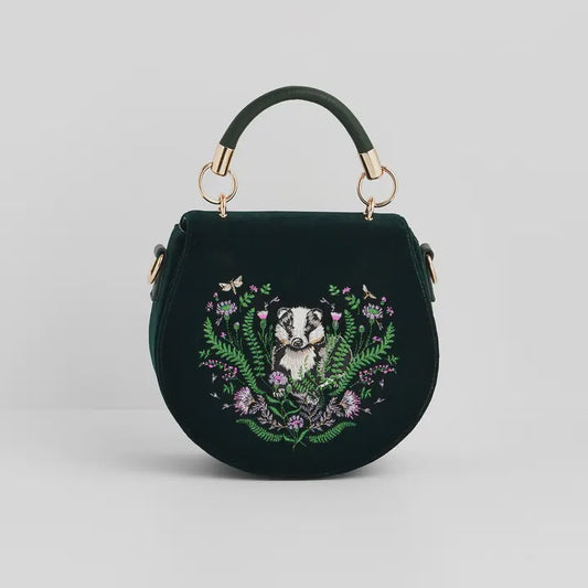 Badger Embroidered Green Velvet Saddle Bag