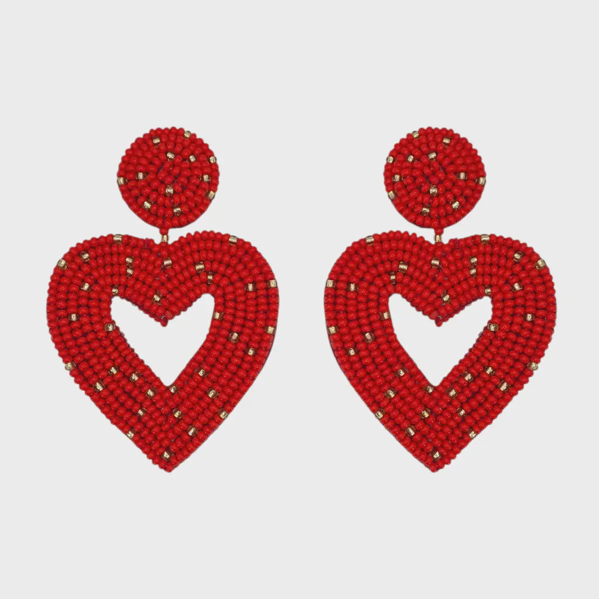 Hand Beaded Red & Gold Heart Earrings