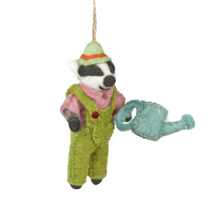 Hand Felted Gus The Gardner Badger Hanging Decoration