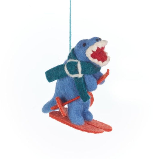 Hand Felted Skiing Dino Hanging Decoration