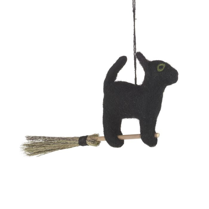 Hand Felted Flying Black Cat Hanging Decoration