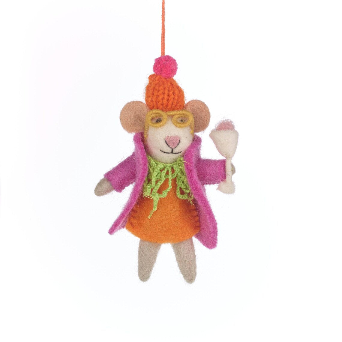Hand Felted Margie the Merry Mouse Hanging Decoration