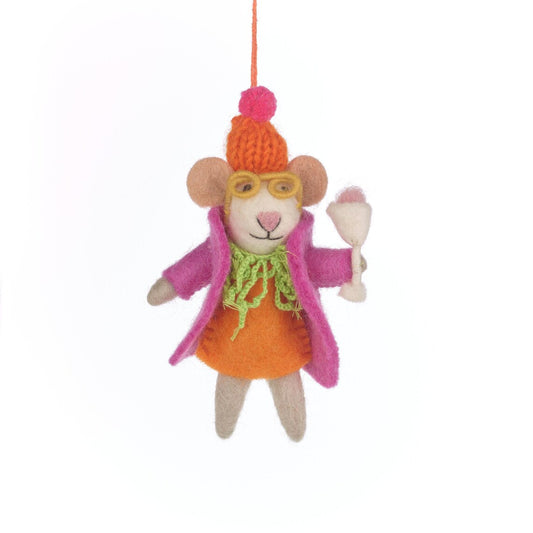 Hand Felted Margie the Merry Mouse Hanging Decoration