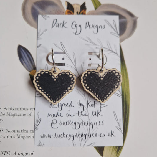 Duck Egg Designs Wooden Drop Earrings - Black Lace Hearts