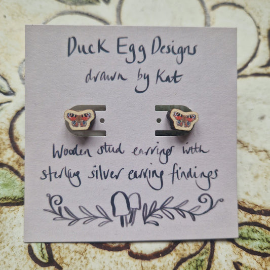 Duck Egg Designs Wooden Stud Earrings - Peacock Butterflies