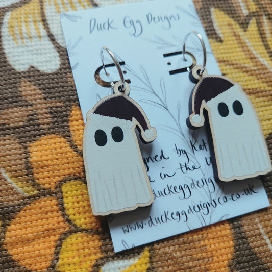 Duck Egg Designs Wooden Drop Earrings - Christmas Ghosts