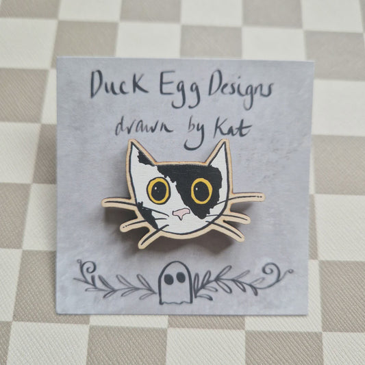 Duck Egg Designs Wooden Pin - Mazikeen Black and White Cat