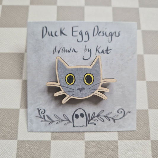 Duck Egg Designs Wooden Pin - Luna Grey Cat