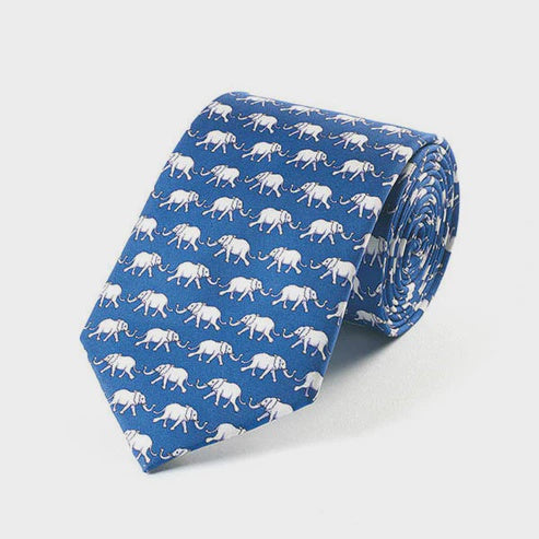 Fox and Chave Bryn Parry Elephants Blue Silk Tie