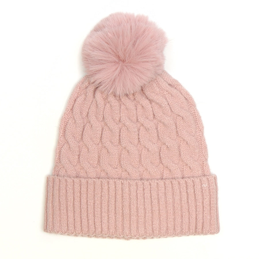 POM Pink Cable Knit Pompom Hat