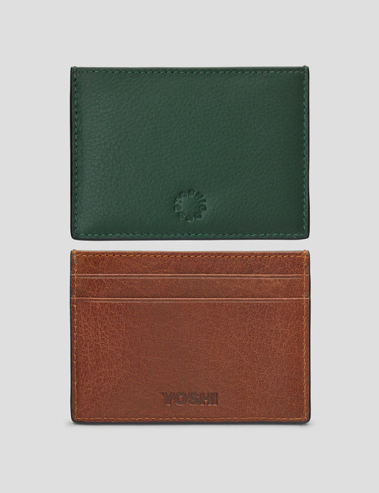 Yoshi Leather Contrast Slim Card Holder - Green/Brown