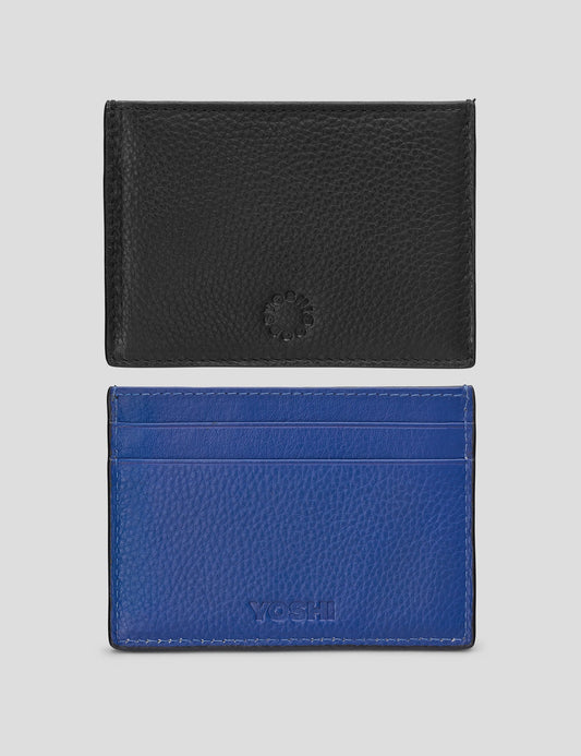 Yoshi Leather Contrast Slim Card Holder - Black/Blue